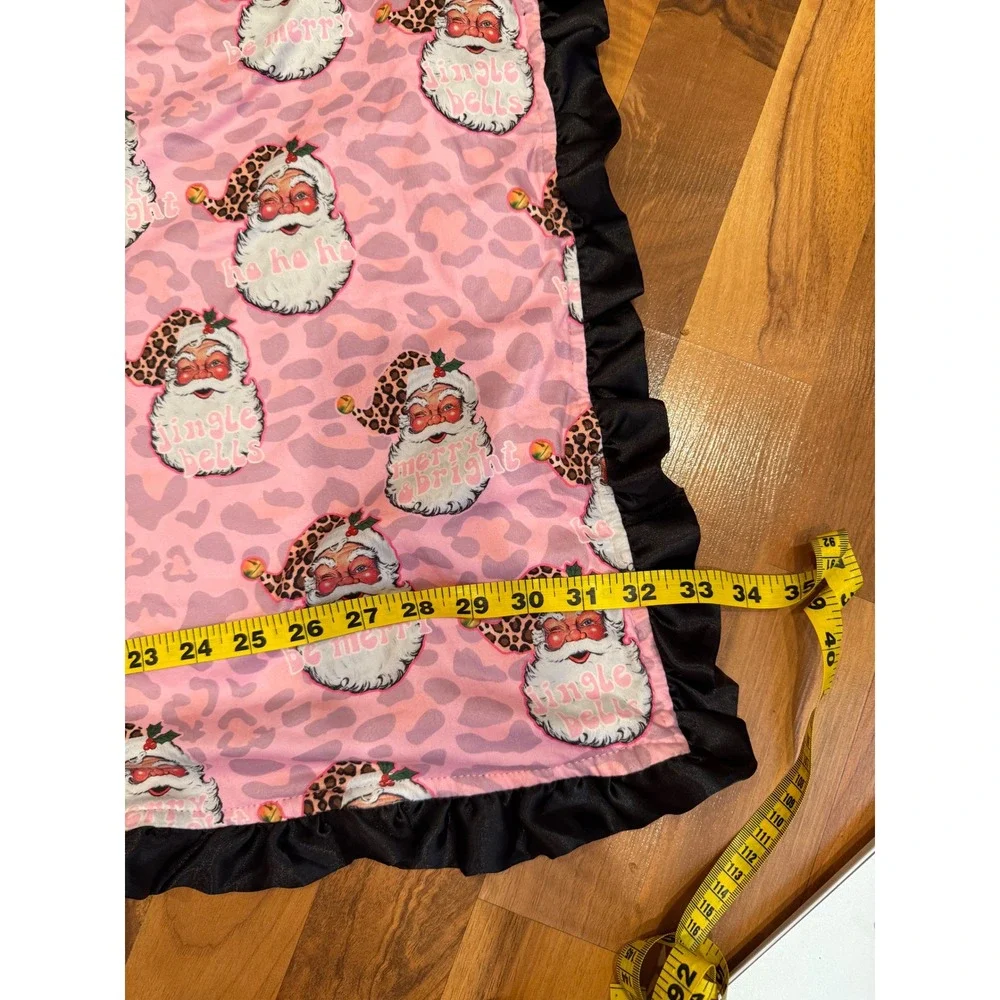 Pink Leopard Santa Baby Blanket Black Ruffle Edge Christmas Holiday carseat crib